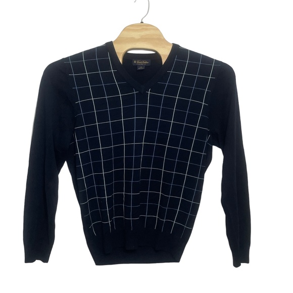 Brooks Brothers Medium Blue Plaid Silk Cotton‎ V-Neck Sweater - Picture 3 of 5